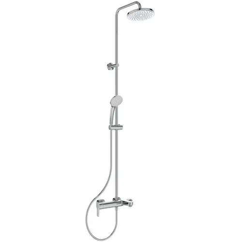 Duschsystem von Ideal Standard mit einer Hauptdusche oben und einer Handbrause, verbunden durch eine flexible Schlauchleitung und einer chromierten Armatur.